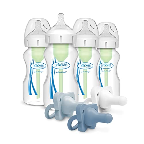 Dr. Browns Natural Flow Anti-Colic OptionsTM Wide-Neck Baby Bottle, 9 oz270 mL, Level 1 Nipple, 4-Pack, 0m with HappyPaci 100% Silicone Pacifier 0-6m, BPA Free, White, Blue, Light Blue, 3 Pack