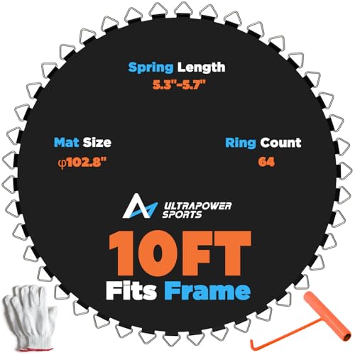 10FT Trampoline Mat Replacement 10 FT Trampoline Replacement Mat Jumping Mat with 64 V-Rings, Fits 5.3-5.5 Springs 10FT Round Trampoline Frame, Spring Tool Gloves Included