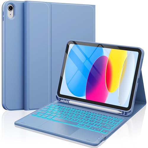 CHESONA for iPad 10th Generation Case with Keyboard, 2 Wireless Channels for iPad A16 11th10th Gen 20252022, Backlight, Flip Stand Case with Pencil Holder, Multi-Touch Trackpad, Blue Gray