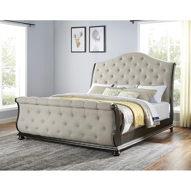 Sleigh Bed Frame - Luxury Bed Frames with Scrolling Sleigh Style Headboard and Footboard, Upholstered Bed Frame with Button Tufted and Wooden Base, Beige Bed Frame King