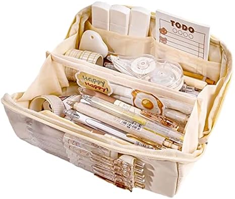 Big Capacity Pencil Case 8 Compartments Large Pencil Pouch Pen Bag Pencil Box Holder Organizer Simple Storage Aesthetic Stationery Cosmetic for Adults Men Women College Office Essentials (Beige)