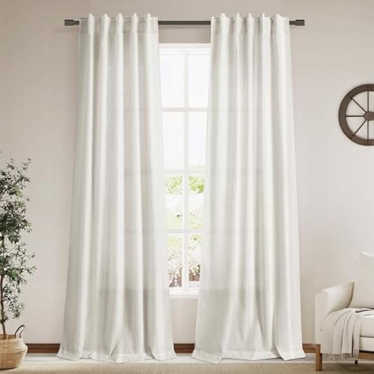 Cream Semi Sheer Curtains 96 Inches Long Back Tab Pocket Ivory Linen Living Room Curtain 2 Panel Sets Light Filtering Luxury Drapes Boho Farmhouse Room Curtains for Bedroom Aesthetic 8Ft 40x96