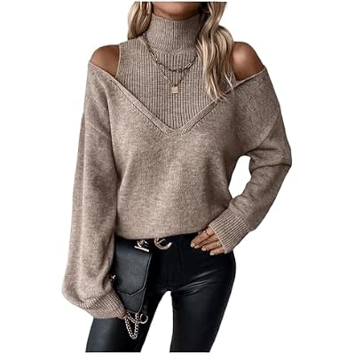 Womens Cold Shoulder Sweater Sexy Turtlneck Cut Out Pullover Sweater Casual Long Sleeve High Neck 2 in 1 Tops