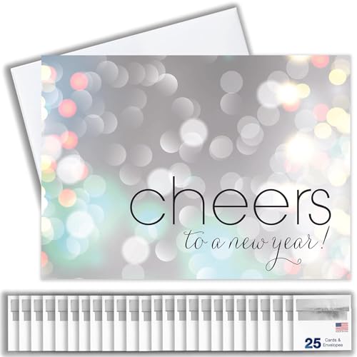 New Years Cards for Business & Family Bubbly Cheers Bulk Greeting Card Set Pack of 25 Happy New Year Cards with Envelopes for 2026 5x7 inch - A7 Great for Office, Work, Employees & Clients N1501