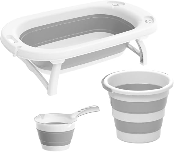 Arsimo Folding 3-Piece Baby Kids Wash Tub - Bucket - Mug Set Large Size | Shower Head Attachable Stopper Accordion Set