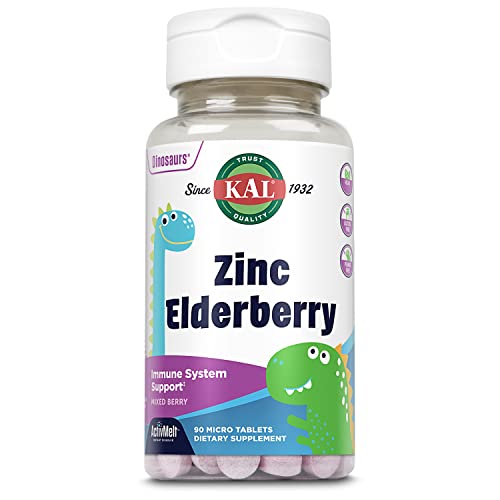 KAL Kids Zinc Elderberry Dinosaurs, Immune Support Supplement for Children w Sambucus Elderberry, Fast Dissolving Mixed Berry ActivMelts, Fun, Tasty Dino Shapes, Vegan, 90 Servings, 90 Micro Tablets