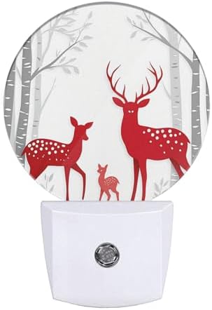 Deer Plug in Night Light Red Christmas Deer Birch Tree Winter Trunk Antler Wildlife Xmas Plug-in Nightlight Auto Sensor LED for Boys Girls Men Women Bedroom Bathroom Decor, LEDLAMP3009