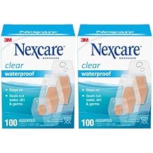 Nexcare Waterproof Bandages, Assorted Sizes, 200 Count (2 Boxes of 100), Clear, Flexible, Long-Lasting, Latex-Free, 360 Seal for Cuts, Scrapes, Blisters, First Aid Wound Care