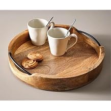 Round Wooden Serving Tray with Iron Handles | Decorative Kitchen & Dining Table Decorative Ottoman Tray for Living Room, Coffee Table, Breakfast in Bed - 10x10 Inches