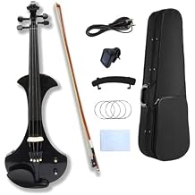 Electric Violin Solid wood body Ebony fittings parts Nice tuner Passive pickup with Bow,case bag (Black-4 String)