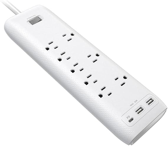 Clear Power 8-Outlet 2160J Home & Office Surge Protector Power Strip w/2-Port USB-A & 1-Port USB-C 20W PD Rapid Chargers, 5ft Power Cord, White, CP30002