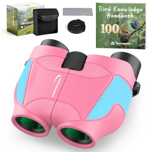 Aurosports 15x25 Compact Binoculars for Kids - Small Binoculars Lightweight with Carrying Case Birding Guide for Bird Watching Hiking Camping Travel Gift for 8-12 Years Boys Girls Pink