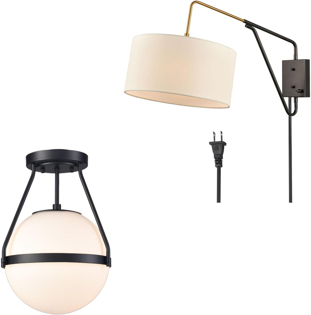 HOLKIRT Globe Ceiling Light and Plug in Wall Light Swing Arm Wall Lamp Bundle