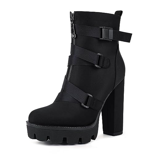 wetkiss Platform Boots for Women, Heeled Combat Boots Chunky Heel Booties Round Toe Lace Up High Heel Ankle Boots