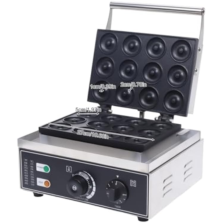 1500W Nonstick Mini Doughnut Baker,12 Holes Electric Donut Bread Maker Machine with Double-Sided Baking Tray,Temperature 122-572F,Silver