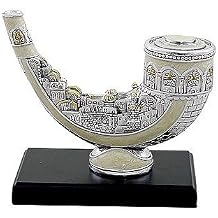 Shofar Ornament with Stand Silver Coated with Enamel