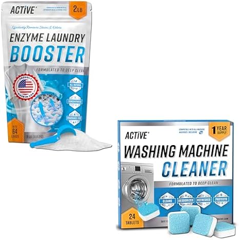 ACTIVE Enzyme Laundry Booster and Washing Machine Cleaner - Includes 2lbs Detergent Boosting Powder and 24ct Washing Machine Cleaning Tablets
