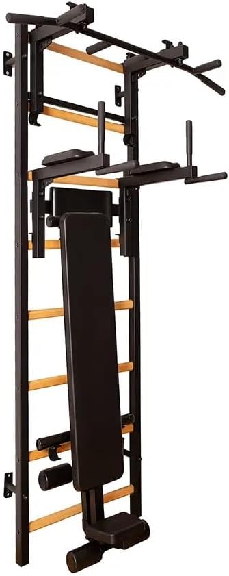 233B Full Body Workout Dip Station, Wallbars with Convertible Steel 6-Grips Pull Up Bar that can Also be Used as a Barbell Holder, Dip Bar with Polyurethane Back Support