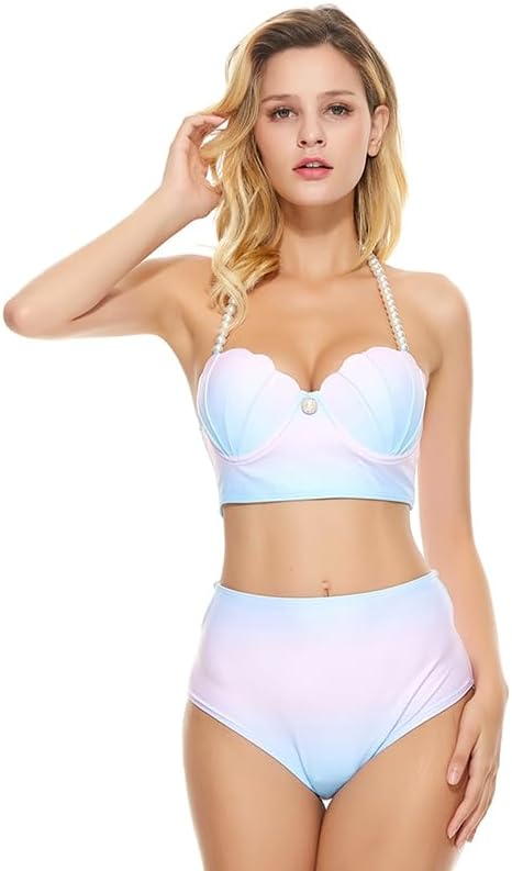 HEARTTOUCH Women's Mermaid Bikini Set Mermaid Shell Bikini Top Underwire Push Up Bra with Pearl High Cut Bikini Briefs Swimsuit Halterneck Swimwear Swimsuit, Blue B, M