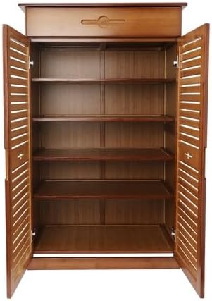 5 Tier Large Capacity Tall Shoe Organizer Cabinet With Multiple Shelves And Drawer Entryway Storage Adjustable Shelf Bamboo Rack Wooden Solid Doors Bathroom Living Room Kitchen Entrance Decorative