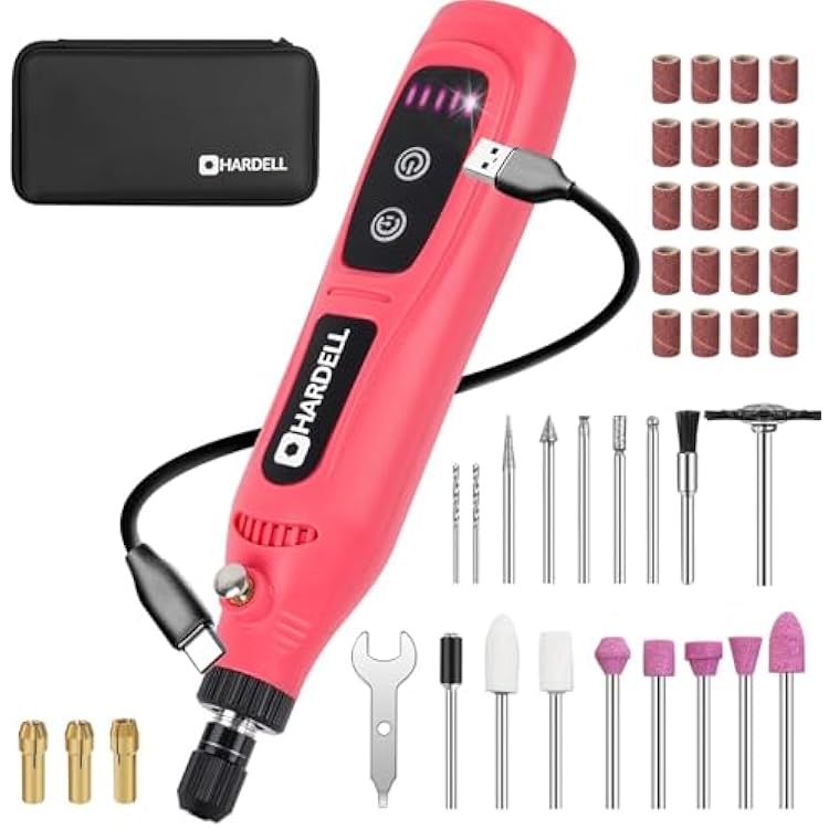 HARDELL Mini Cordless Rotary Tool, 5-Speed Rotary Tool Kit with 43 Accessories, Type-C Charging Power Rotary Tool for Engraving, Sanding, Polishing, Drilling, Grinding, Small DIY Crafts Pink