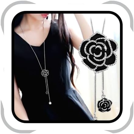 Cathercing Rhinestone Black Rose Pendant Long Necklace for Women Sweater Chain Statement Necklace Choker Adjustable Elegant Jewelry Crystal Accessories Dressy Collocation Winter Evening Party Wedding