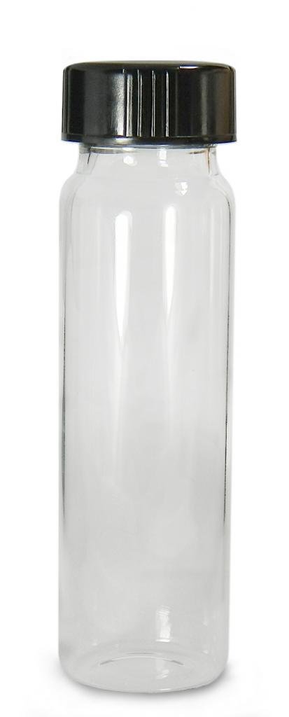 GLC-05028 Clear Borosilicate Glass Vial with 24-400 Black Phenolic Polycone Lined Cap Attached, Vacuum and Ionized, 27.25 mm x 57.5 mm, 5 dram Pack of 72