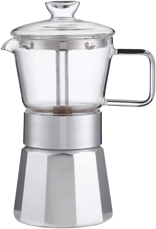 Moka Stovetop Espresso Maker,Crystal Glass-top & Aluminum Espresso Moka Pot,Classic Italian coffee maker,240ml(6cup)