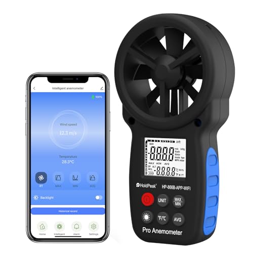Professional WiFi Anemometer, Smart Wind Speed Meter Gauge with APP, 0.3-40ms Range, Measures Wind Temp, MaxMinAvg, Backlight, Ftmin, Knots, Kmh, Mph, 866B-APP-WIFI