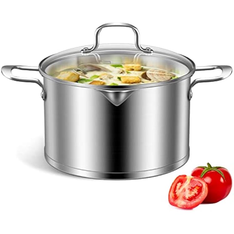 9 Quart Stainless Steel Stock Pot with Glass Lid, Induction Soup Cooking Pot with Pour Spout, Scale Engraved Inside, Compatible with All Heat Sources, Dishwasher Oven Safe