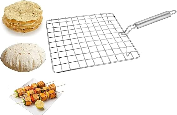 Stainless Steel Square Roti Papad Grill Roti Jali Chapathi Pipe Handle dia- 9INCH