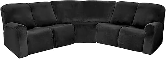 7-Piece Velvet Stretch Reclining Couch Covers 5 Seats Corner Sofa Cover L Shape Sectional Recliner Sofa Covers for Sofa Anti Slip Furniture Protector Thick Soft Washable (Black)