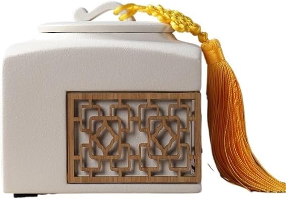 tea caddy Household Large Ceramic Tea Canister With Tassel Chinese Hollowed Out Sealed Storage Jar tea storage(White)