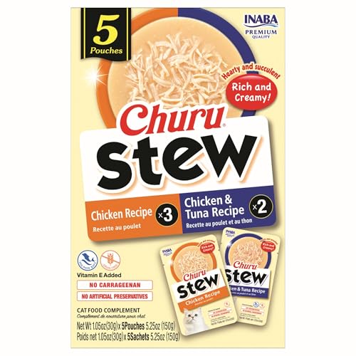 INABA Churu Stew for Cats, Broth Gelee with Shredded Chicken Side Dish with Vitamin E, 1 Ounce per Pouch, 5 Pouches Total, Chicken & Tuna Variety Pack