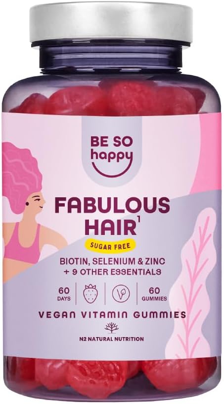BeSoHappy® Biotin Gummies 6000mcg Complex for Hair Growth, 60 Days Supply with Selenium, Zinc, B12 Vitamin, Retinol Vitamins B6, C, D, E, Strawberry Candies Flavor, Vegan.