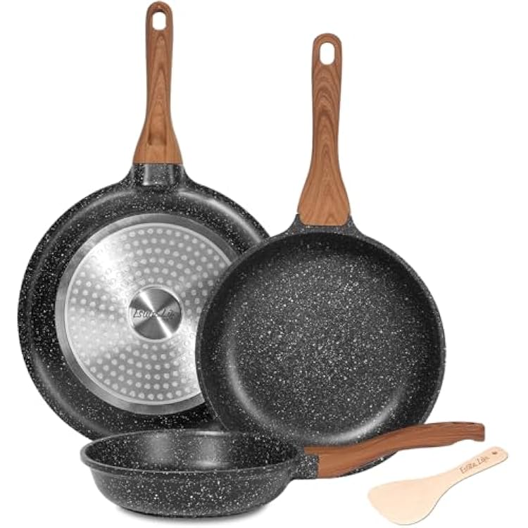 ESLITE LIFE Nonstick Ceramic Frying Pans Skillets Set, Non-Toxic Egg Omelette Kitchen Cooking Pans Compatible with All Stovetops Gas, Electric & Induction, PTFE & PFOA Free Black