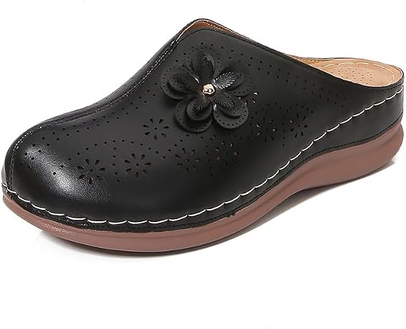 Clogs for Women Slip on Mules with Floret Closed Toe Sandals, Summer Shoes, Comfortable Walking Wedge Clogs (Black,6.5-7)