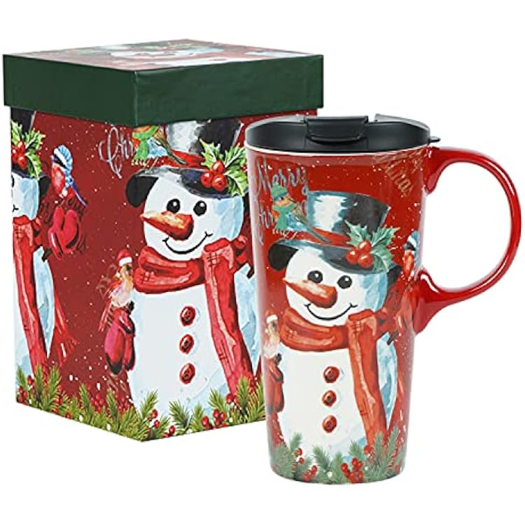 Christmas Ceramic Coffee Mug Snowman Travel Cup with Gift Box, 17oz Latte Cup for Xmas Holiday Party, Microwave Safe