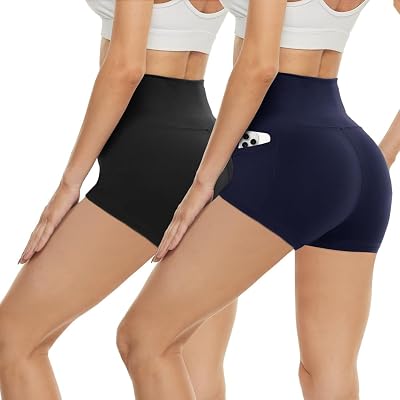 CAMPSNAIL 3 Biker Shorts Women with Pockets and 3 Workout Shorts BlackNavy Blue, Size Large-X-Large