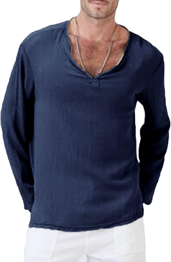 Men's Cotton Linen V-Neck Henley Shirt Long Sleeve Loose Hippie Shirts Casual Solid Color Beach T-Shirt