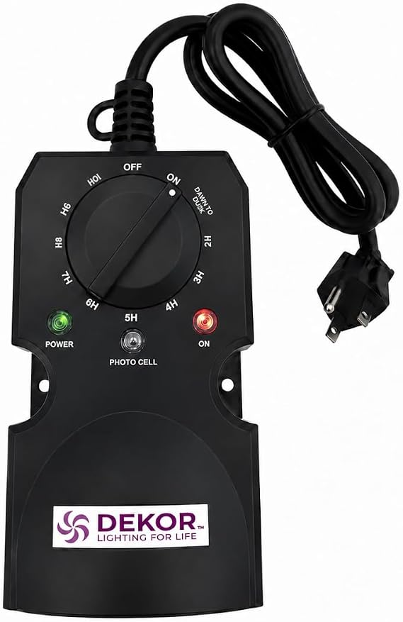 DEKOR Outdoor Light Timer Dusk to Dawn - Waterproof Photocell Sensor with 2 Grounded Outlets for Landscape, Deck, Garden & Christmas Lights, IP63, 1-8 Hour Daily Outdoor Timer
