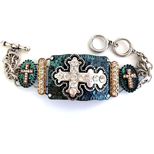 Western Peak Western Vintage Tritone Hammered Plate Cross Chain Rhinestone Charm Bracelet