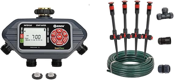 Eden 93413 Programmable Digital Water Timer 4-Zone & 98063 Multi-Adjustable Flex Design Above Ground Irrigation Garden Sprinkler System, Sprinkler & Hose, DIY Plant Watering Set