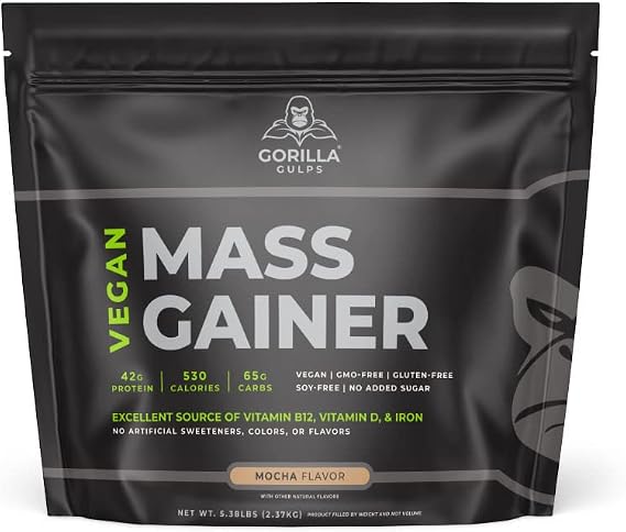 Gorilla Gulps Mocha Vegan Mass Gainer 5 lb Natural High Calorie Protein Powder GMO, Gluten, Dairy, Soy Free. No Artificial Ingredients 530 Calories 18 Servings