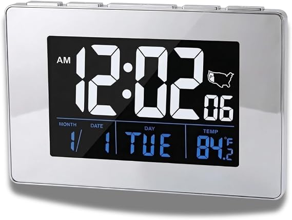 Atomic Digital Clock with Large White Numbers, AC Power for Continuous Lighting, Alarm and Repeat, Date/Day/Indoor Temperature, USB Charging Port, Desk Clock for