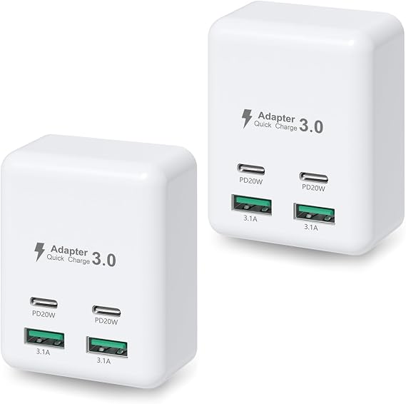 Flat USB C Wall Charger 2 Pack, Costyle 40W Fast Charging Block 4-Ports QC+PD 3.0 Wall Plug Adapter Multiport Type C Charger Cube Compatible for iPhone 16 15 14 13 12 11 Pro Max,Tablets,Pixel(White)