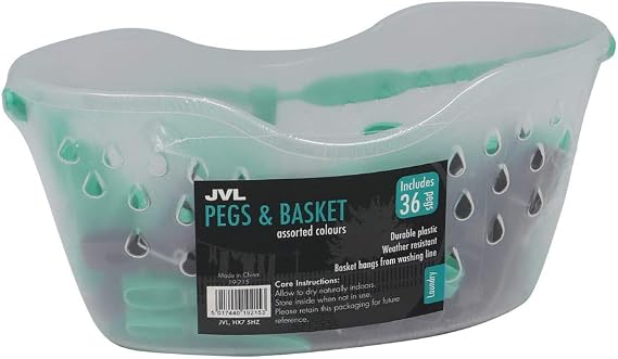 JVL Peg Basket with Built-In Attachable Clothes Hook Line with 36 Coloured Pegs