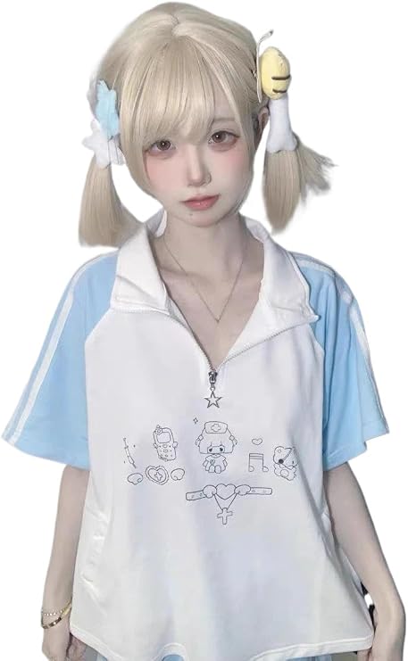 Y2k Cartoon Print Cute T Shirts Women Kawaii Patchwork Loose Tops | Contrast polo collar;Unique cartoon graphic print;Loose raglan sleeve for comfy fit;Versatile for daily casual occasions