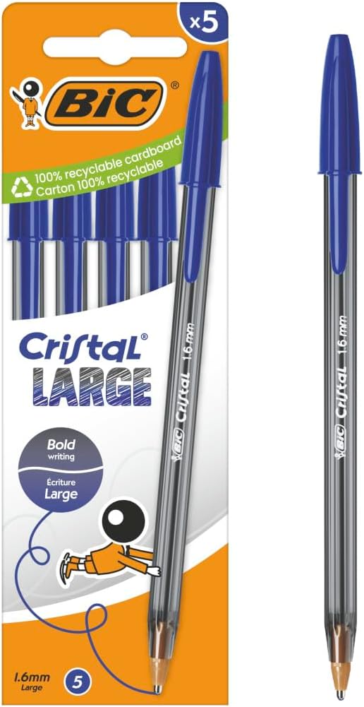 BIC Cristal Large Ballpoint Pen with Wide Tip (1.6mm) for Easy Readability - Blue Ink (Pack of 5)