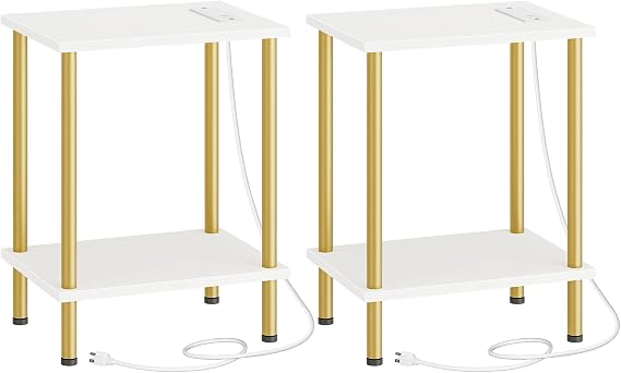 HOOBRO Side Table with Charging Station, Set of 2 End Tables with USB Port and Outlets, Nightstand with 2-Layer Storage Shelves for Small Spaces, Living Room, Bedroom, White and Gold DW09UBZP201